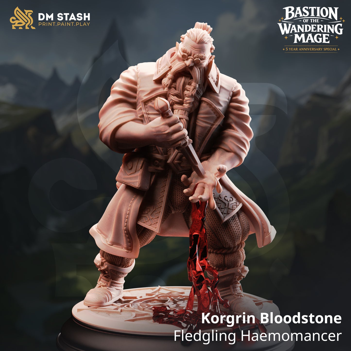 Korgrin Bloodstone Fledgling Haemomancer Dwarf resin miniature by DM Stash cutting his palm for blood magic, printed by D&K Custom Prints.