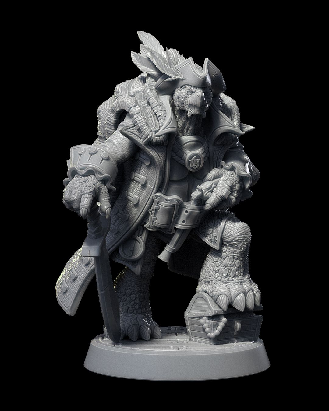 Krog resin pirate captain miniature figure for D&D and TTRPGs, shown in raw resin and painted versions, with sword and treasure chest base.