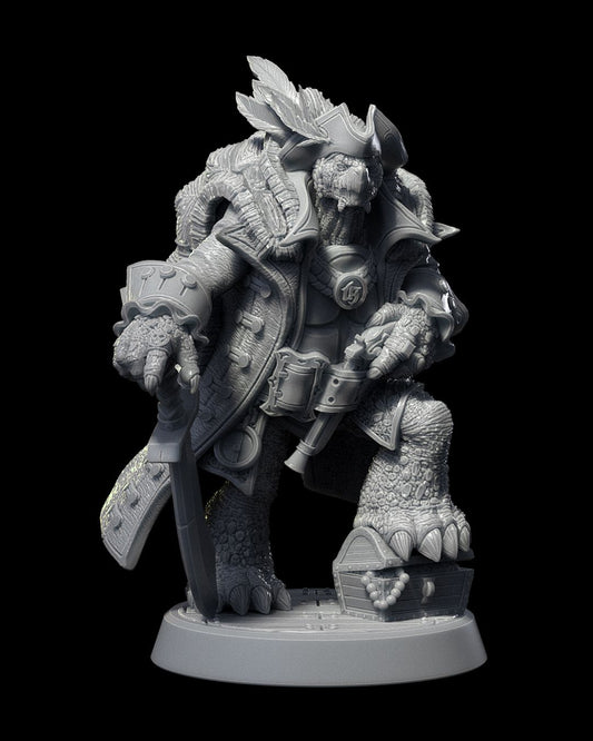 Krog resin pirate captain miniature figure for D&D and TTRPGs, shown in raw resin and painted versions, with sword and treasure chest base.