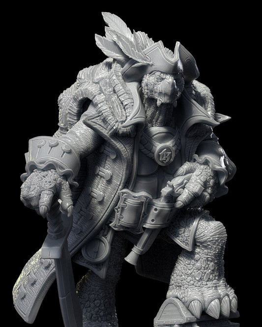 Krog resin pirate captain miniature figure for D&D and TTRPGs, shown in raw resin and painted versions, with sword and treasure chest base.