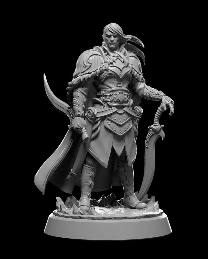 Levin Elven Ranger resin miniature standing beside a D20 die, featuring detailed armor, bow, and flowing cloak. Available in 32mm and 75mm scales.