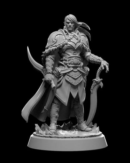 Levin Elven Ranger resin miniature standing beside a D20 die, featuring detailed armor, bow, and flowing cloak. Available in 32mm and 75mm scales.
