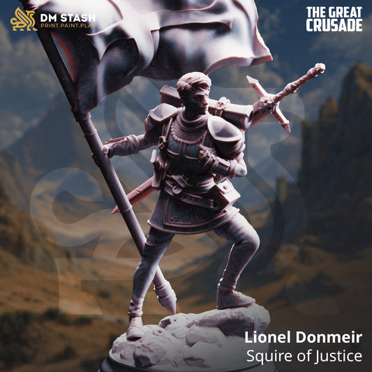 Lionel Donmeir squire of justice human resin miniature 32mm scale banner and sword base included
