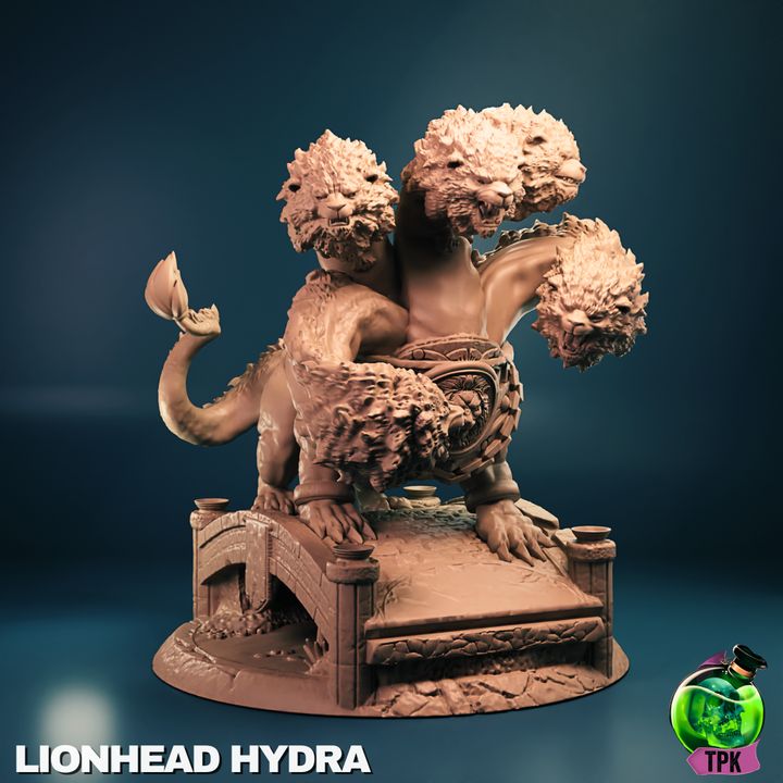 Lionhead Hydra resin 3D printed miniature with roaring lion heads and scenic base – perfect TTRPG boss monster or display piece.