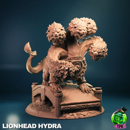Lionhead Hydra resin 3D printed miniature with roaring lion heads and scenic base – perfect TTRPG boss monster or display piece.