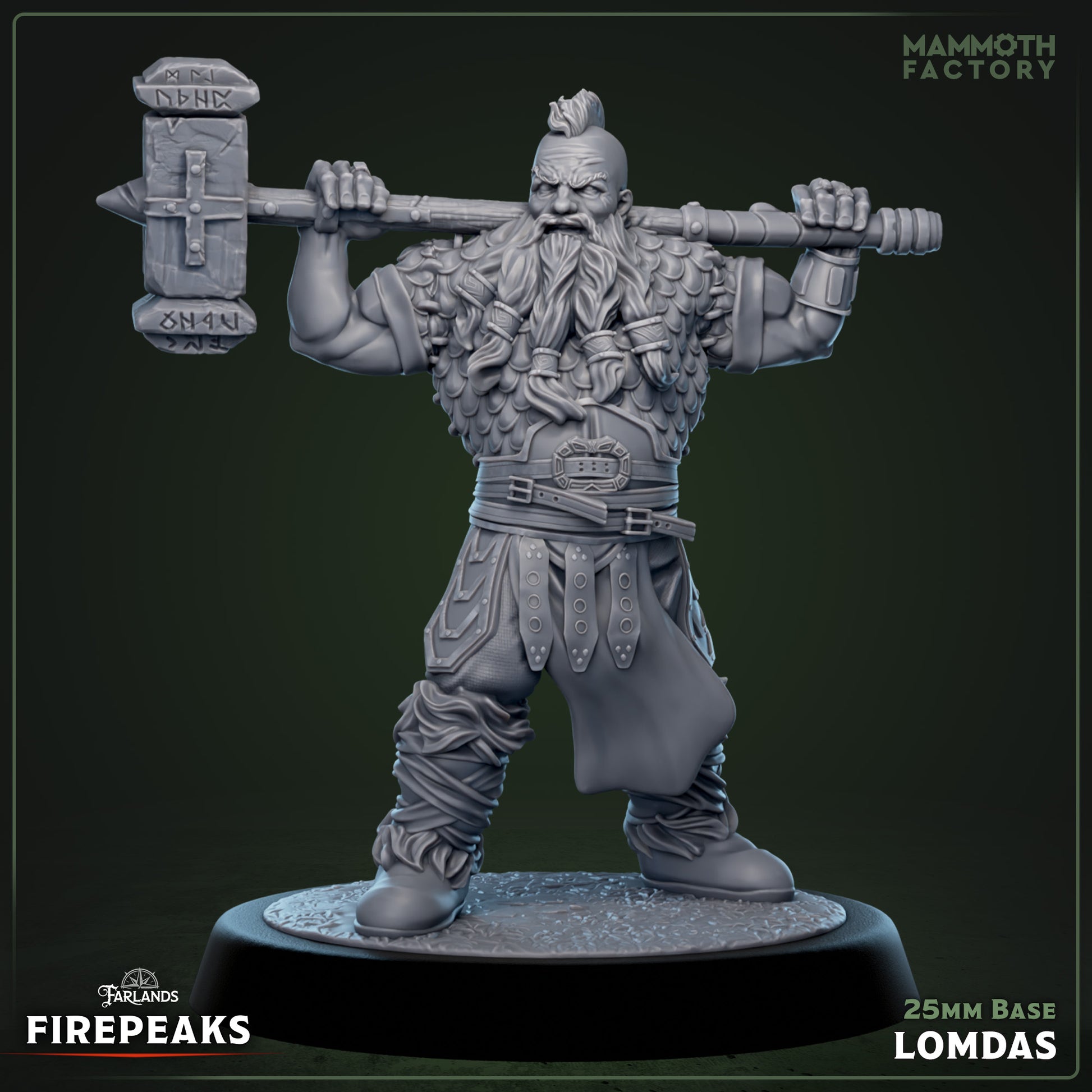 Lomdas dwarf resin miniature holding a large warhammer on 25 mm base for tabletop RPGs