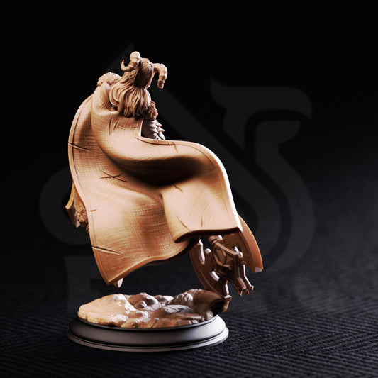 Lotte Maiden of Trickery resin miniature featuring a cloaked female warrior mid-leap with an ornate axe, available in 32mm and 75mm scales from D&K Custom Prints.