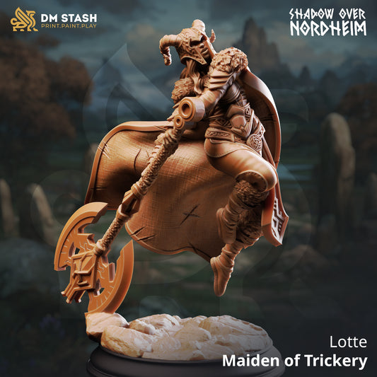 Lotte Maiden of Trickery resin miniature featuring a cloaked female warrior mid-leap with an ornate axe, available in 32mm and 75mm scales from D&K Custom Prints.