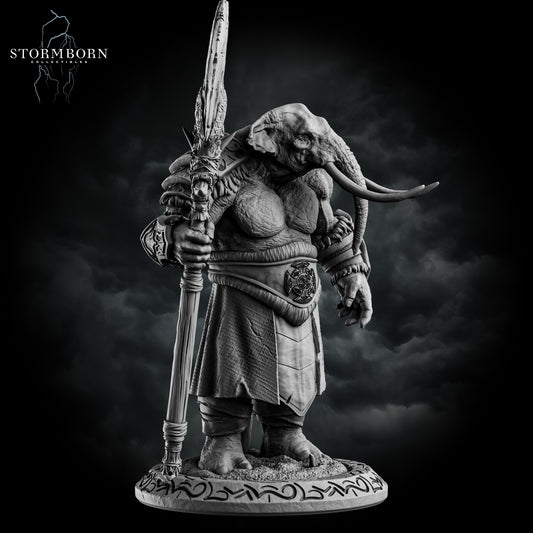 Loxodon Warrior resin miniature with elephant head, armored body, and polearm weapon on a round base for tabletop RPG play