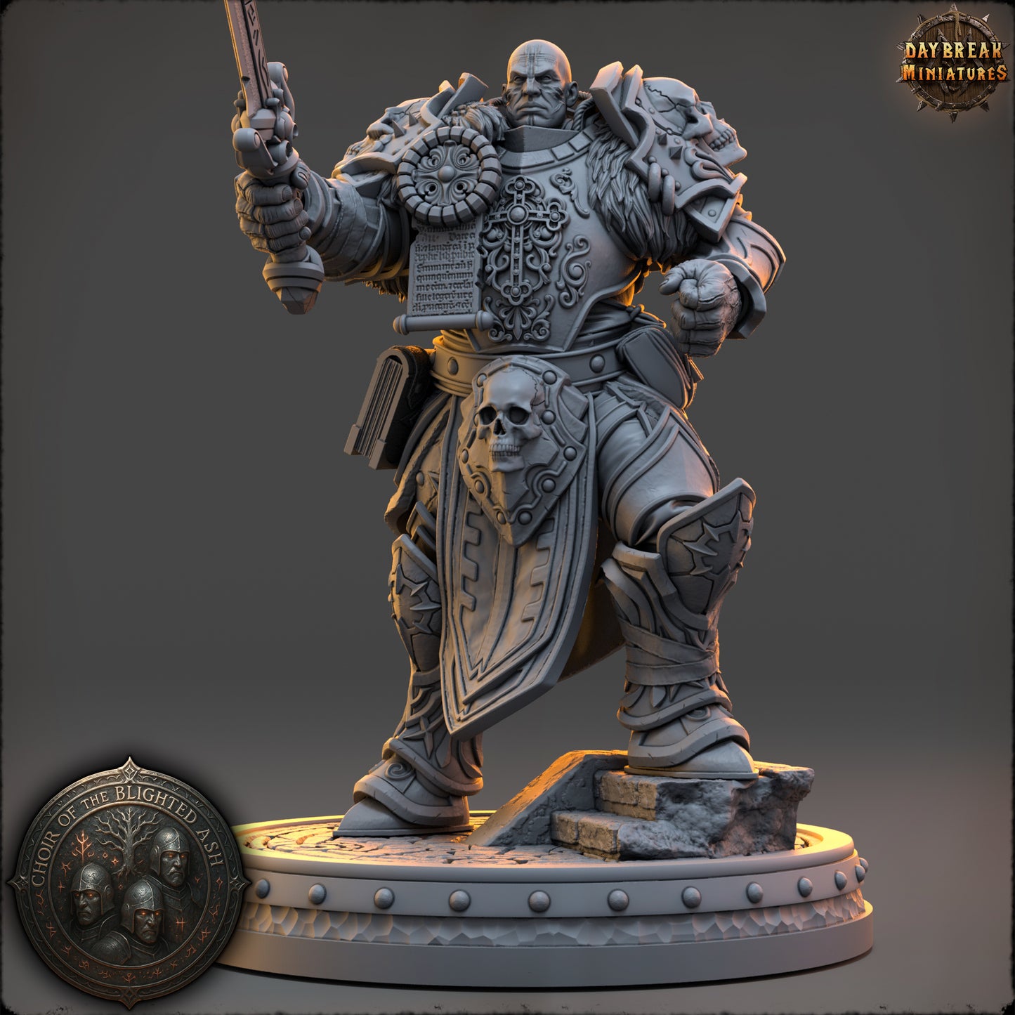 Lucen Krael Crusader of the Blighted Ash resin miniature by Daybreak Miniatures – armored paladin with sword and scripture armor – D&K Custom Prints
