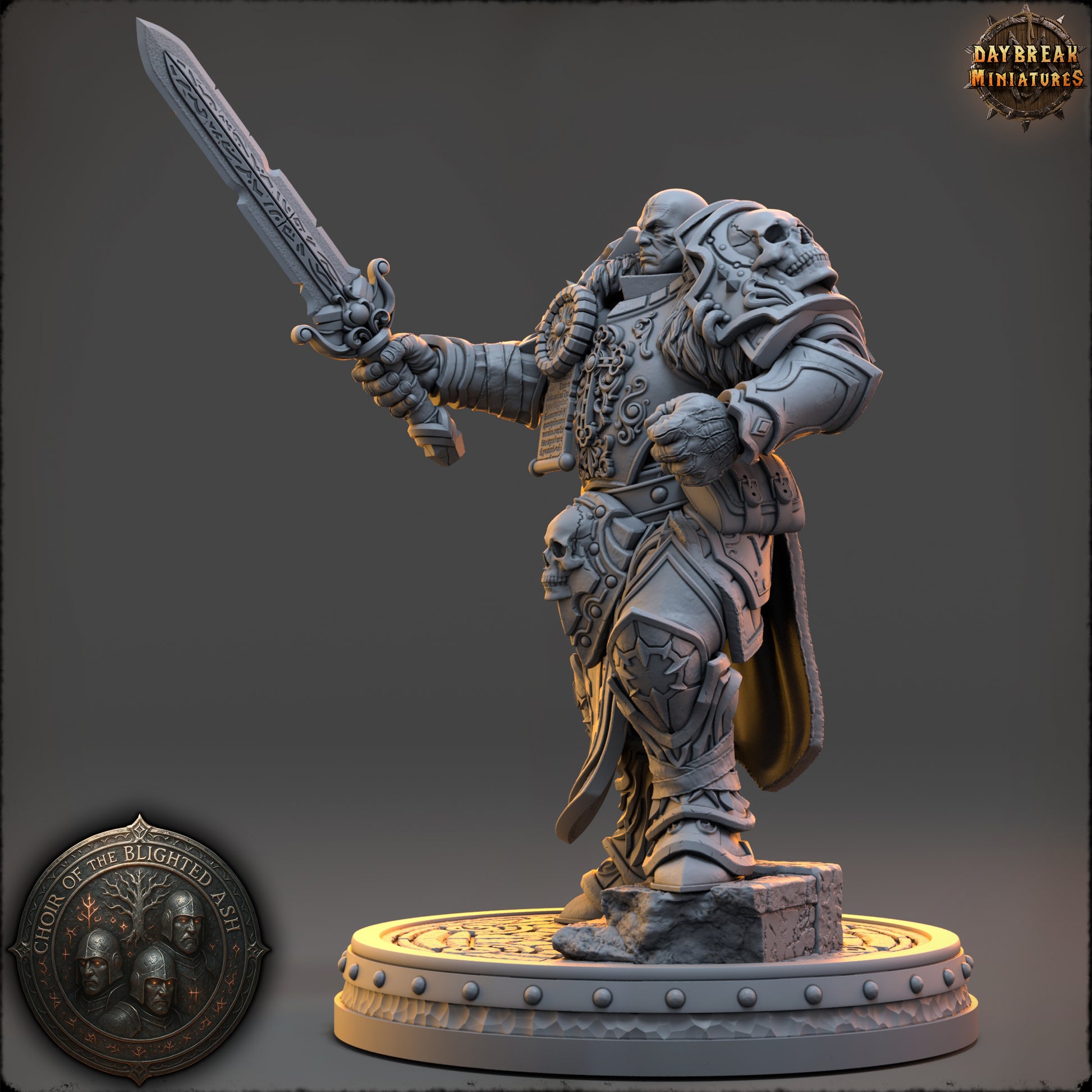 Lucen Krael Crusader of the Blighted Ash resin miniature by Daybreak Miniatures – armored paladin with sword and scripture armor – D&K Custom Prints