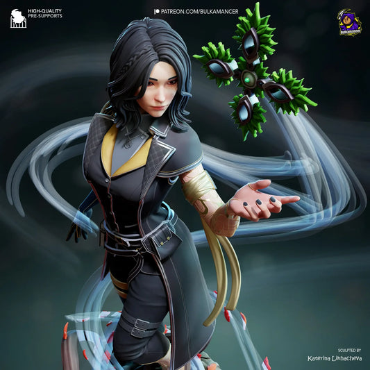 Lune Clair Obscur Expedition 33 figure close-up showing detailed face, dark hair, and floating spiked orb