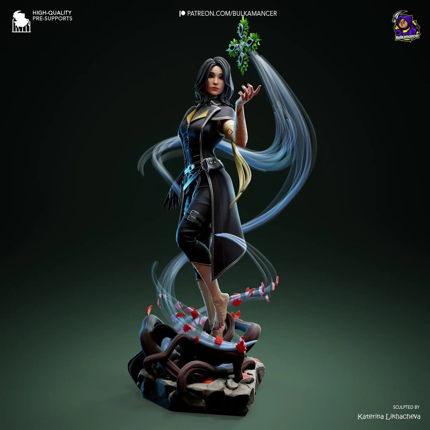 Lune Clair Obscur figure with swirling magic effects, dark outfit, standing on stone base