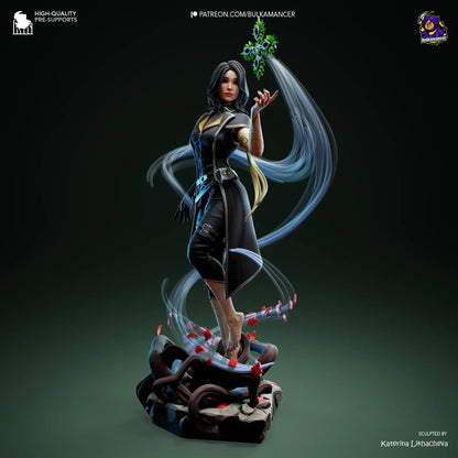 Lune Clair Obscur figure with swirling magic effects, dark outfit, standing on stone base