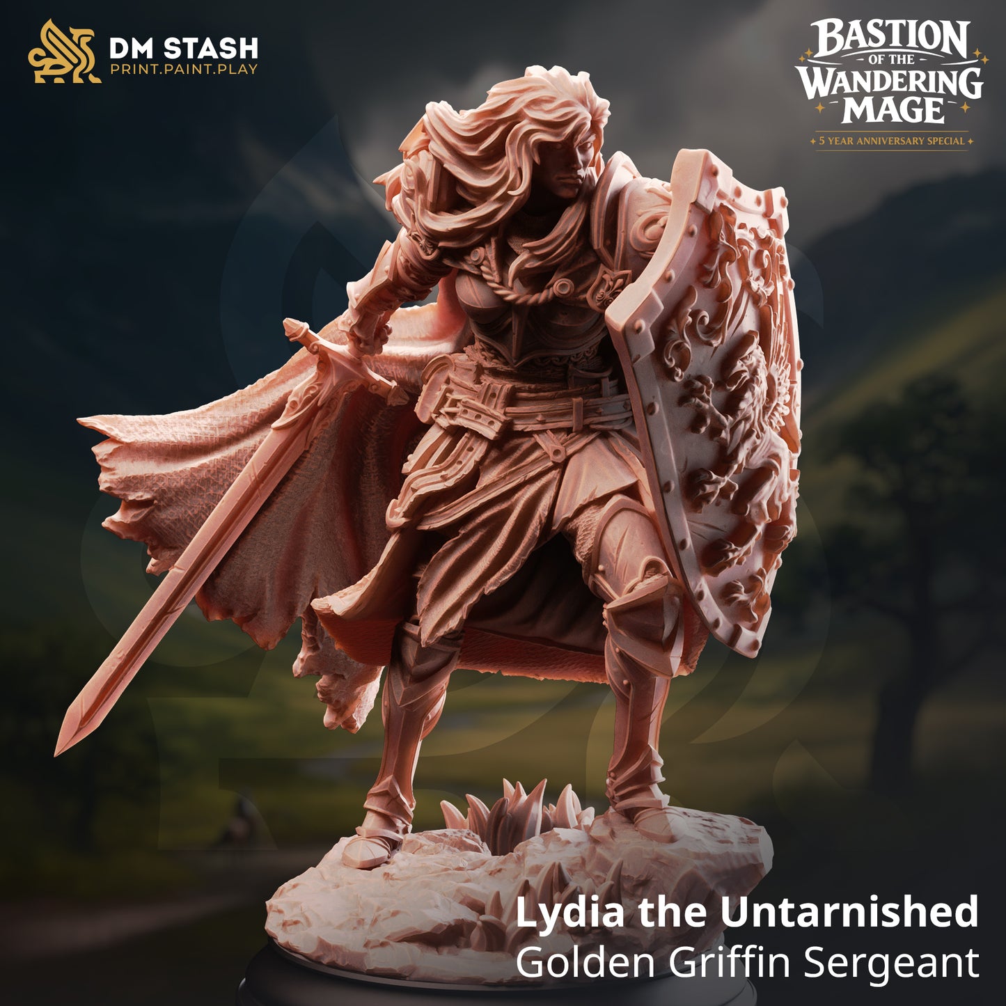 Lydia the Untarnished Golden Griffin Sergeant resin miniature by DM Stash holding a longsword and massive tower shield, printed by D&K Custom Prints.