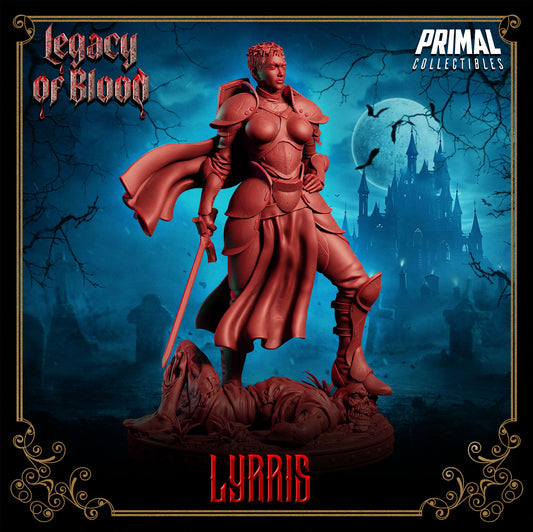 Lyrris resin 3D printed paladin miniature from Legacy of Blood, detailed armor and scenic base, perfect RPG hero or display piece.