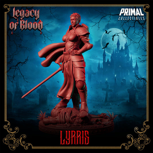 Lyrris resin 3D printed paladin miniature from Legacy of Blood, detailed armor and scenic base, perfect RPG hero or display piece.