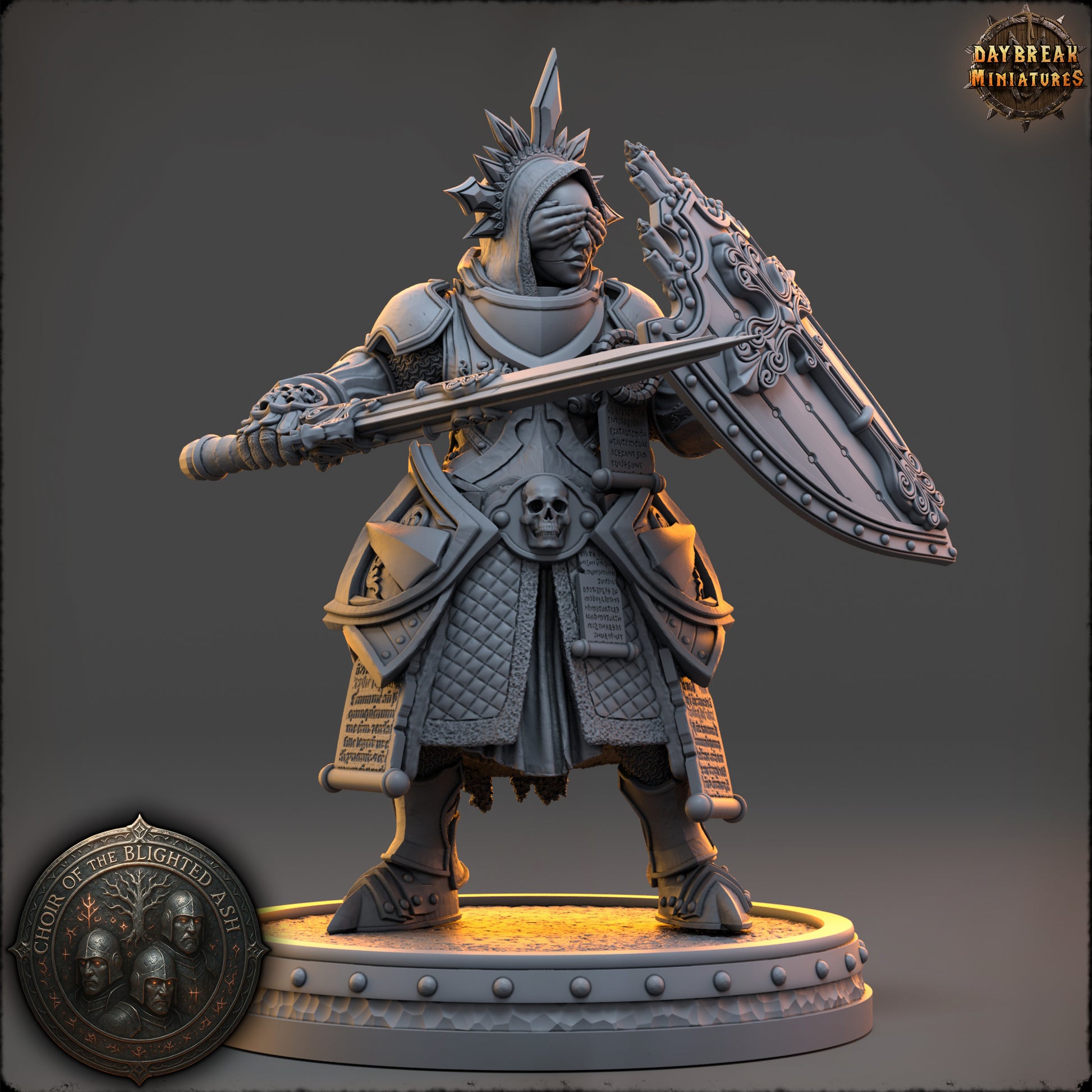 Lyssa Shadowsphere Sentinel of the Blighted Ash resin miniature by Daybreak Miniatures, armored paladin with sword and shield, D&K Custom Prints