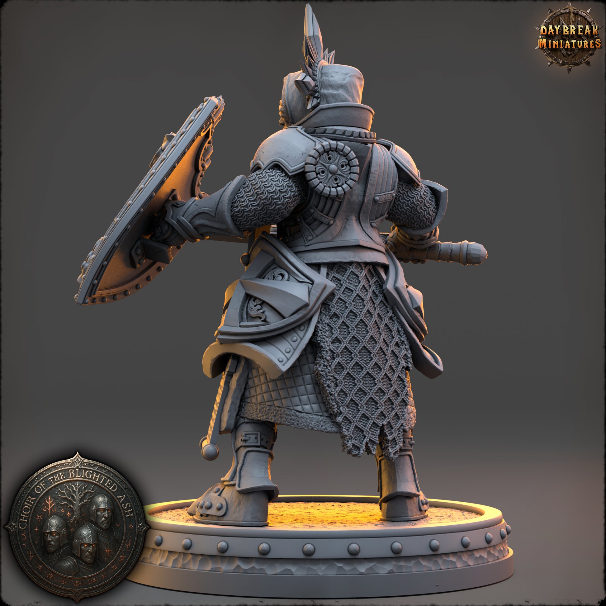 Lyssa Shadowsphere Sentinel of the Blighted Ash resin miniature by Daybreak Miniatures, armored paladin with sword and shield, D&K Custom Prints