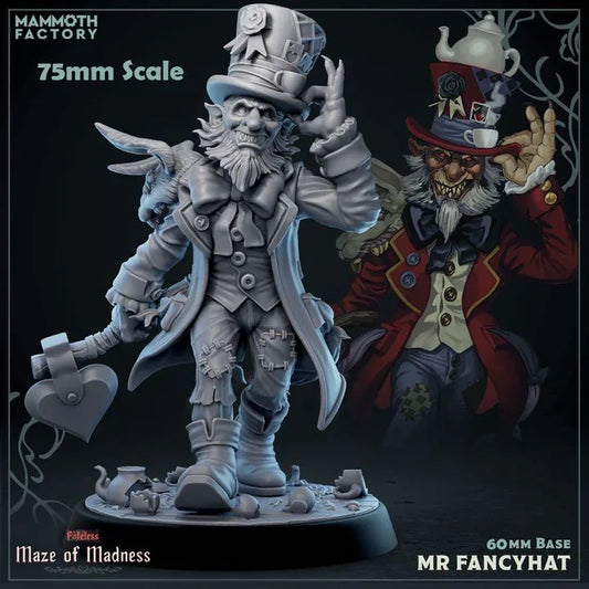 Mr. Fancyhat 75mm mad hatter fantasy miniature on teapot base – whimsical resin figure for display or RPG