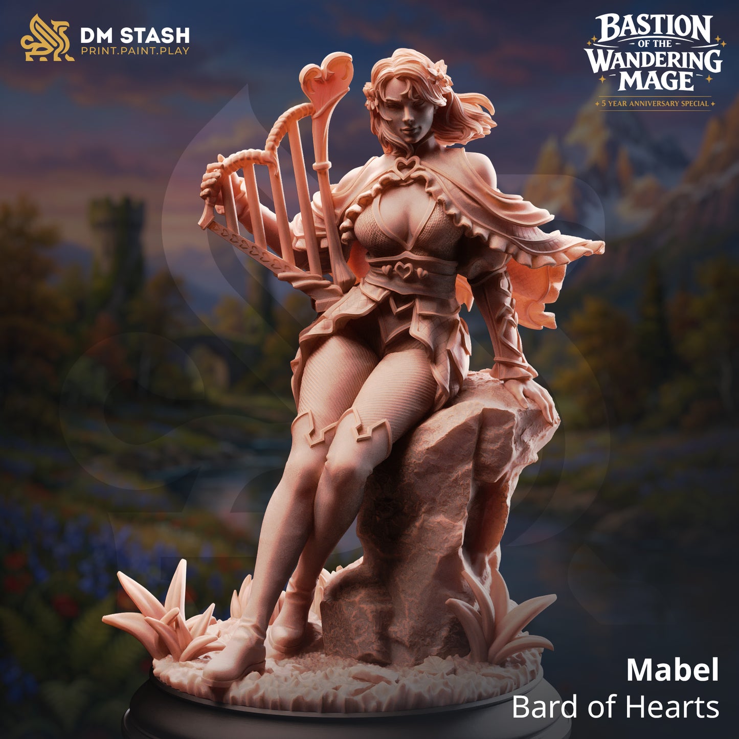 Mabel Bard of Hearts resin miniature by DM Stash sitting on a rock with a heart-themed hand harp, printed by D&K Custom Prints.