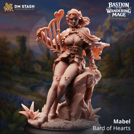 Mabel Bard of Hearts resin miniature by DM Stash sitting on a rock with a heart-themed hand harp, printed by D&K Custom Prints.