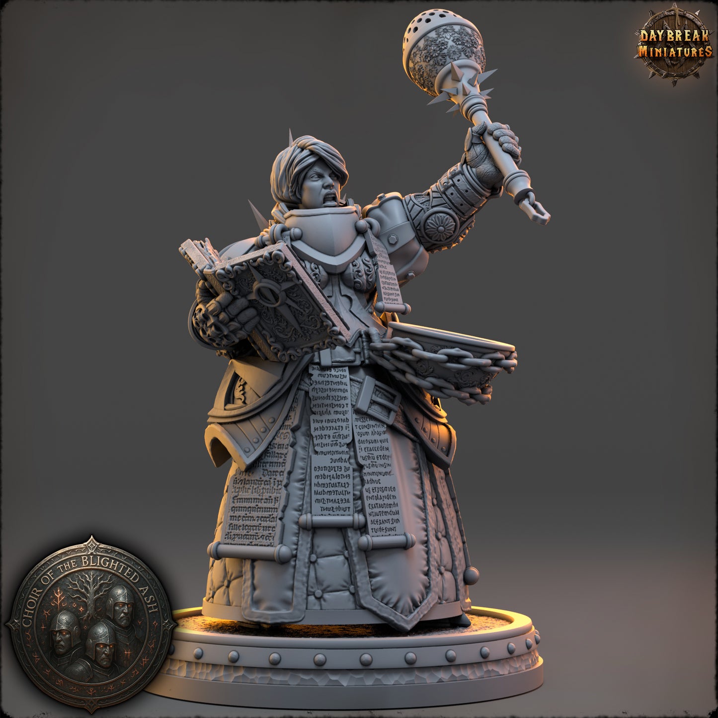 Magistra Calith Morgayne Preceptor of the Blighted Ash resin miniature by Daybreak Miniatures holding censer and holy book | D&K Custom Prints