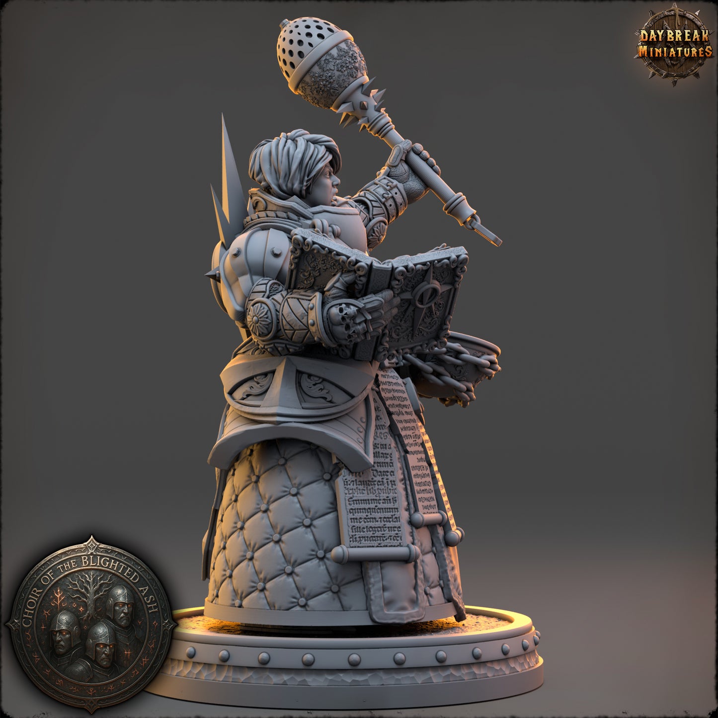 Magistra Calith Morgayne Preceptor of the Blighted Ash resin miniature by Daybreak Miniatures holding censer and holy book | D&K Custom Prints