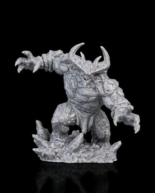 Gray resin magma golem fantasy figurine with horns on a black background