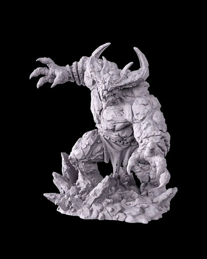 Resin printed Magma Golem miniature in 32mm scale with lava textures
