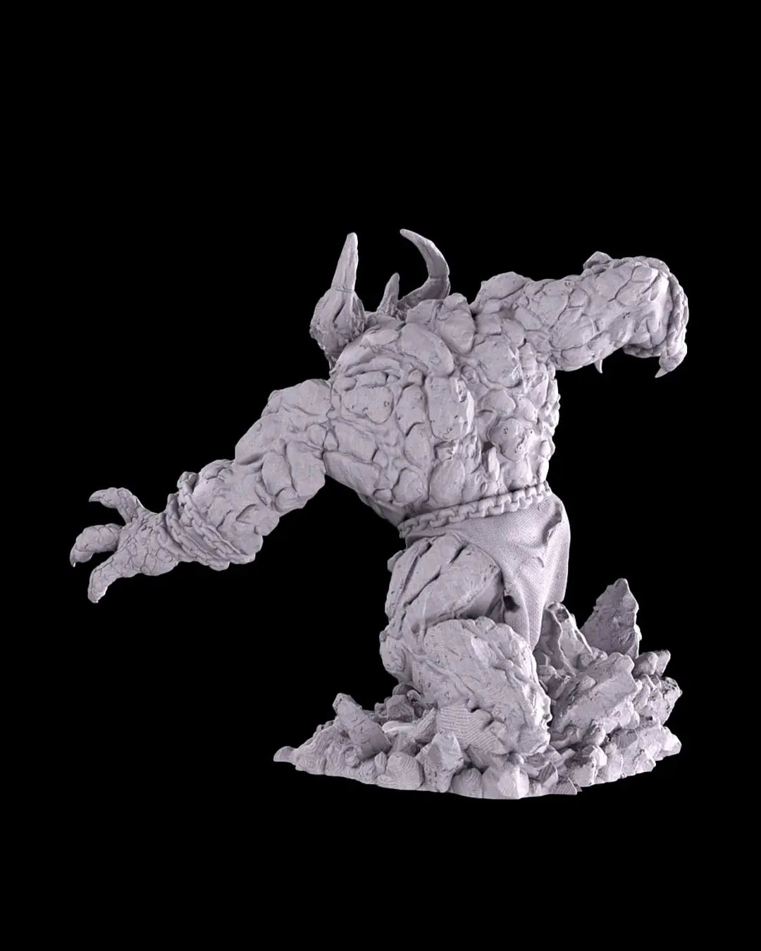 Back view of a grey resin printed Magma Golem