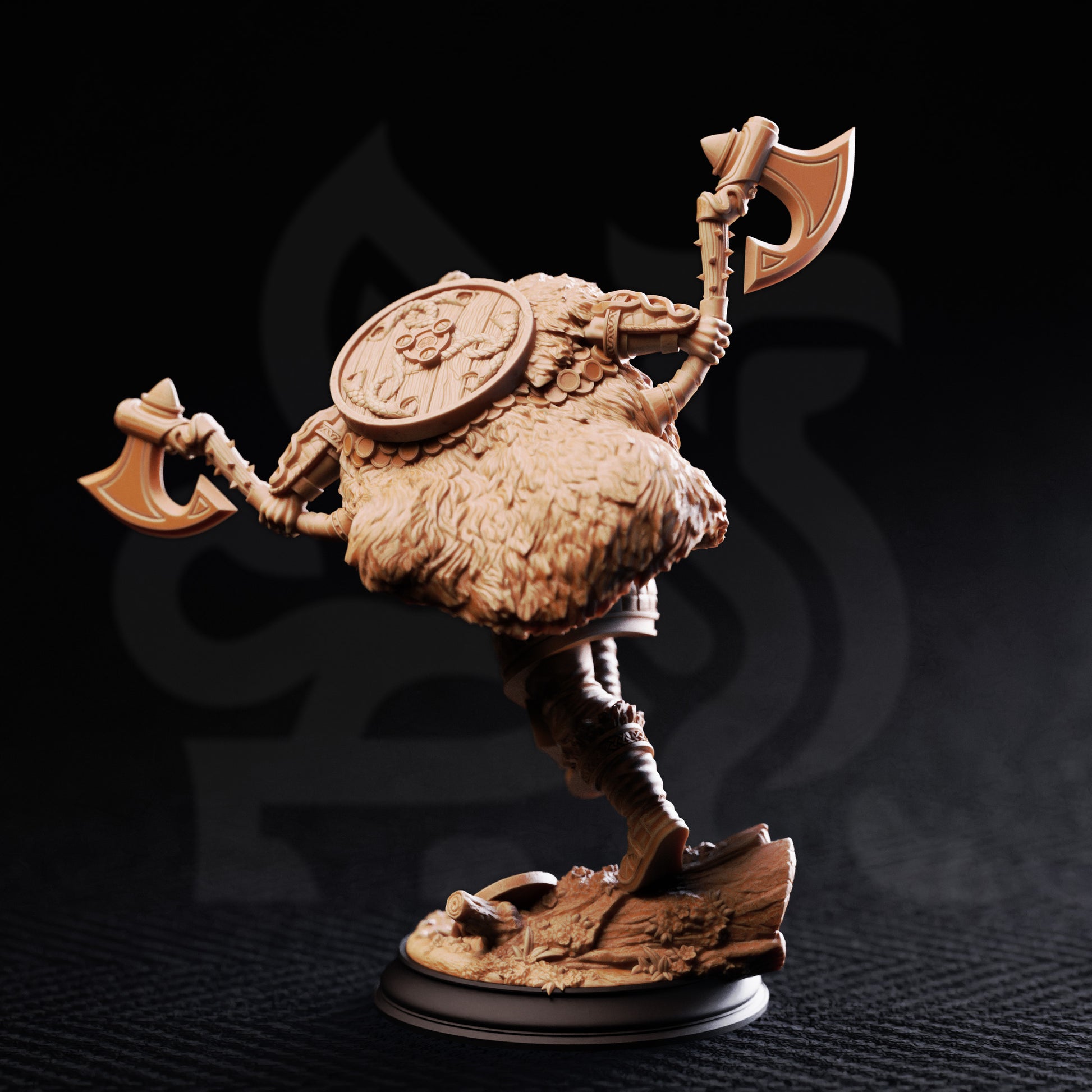 Magnar Nylstrom Nordic War Chief resin miniature featuring a Viking-style warrior wielding dual axes, available in 32mm and 75mm scales from D&K Custom Prints.