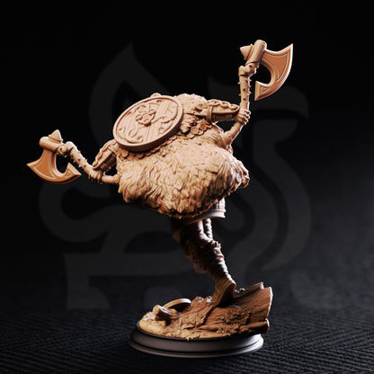 Magnar Nylstrom Nordic War Chief resin miniature featuring a Viking-style warrior wielding dual axes, available in 32mm and 75mm scales from D&K Custom Prints.