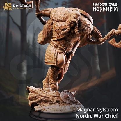 Magnar Nylstrom Nordic War Chief resin miniature featuring a Viking-style warrior wielding dual axes, available in 32mm and 75mm scales from D&K Custom Prints.