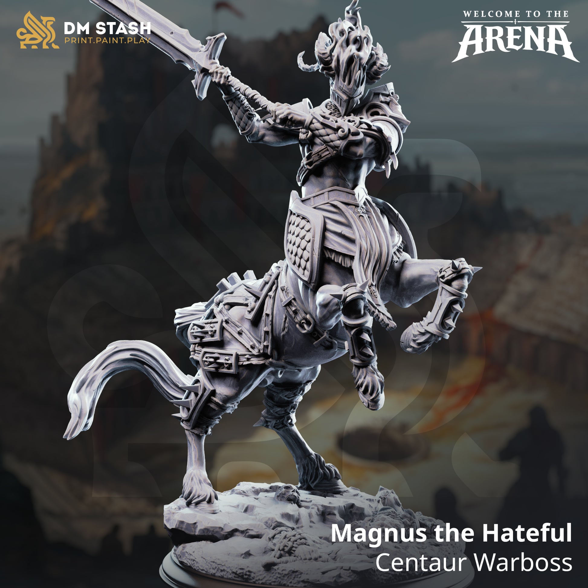 Magnus the Hateful, a Centaur Warboss resin miniature by DM Stash, wearing spiked heavy plate armor and brandishing a massive greatsword on a 50mm Large base.