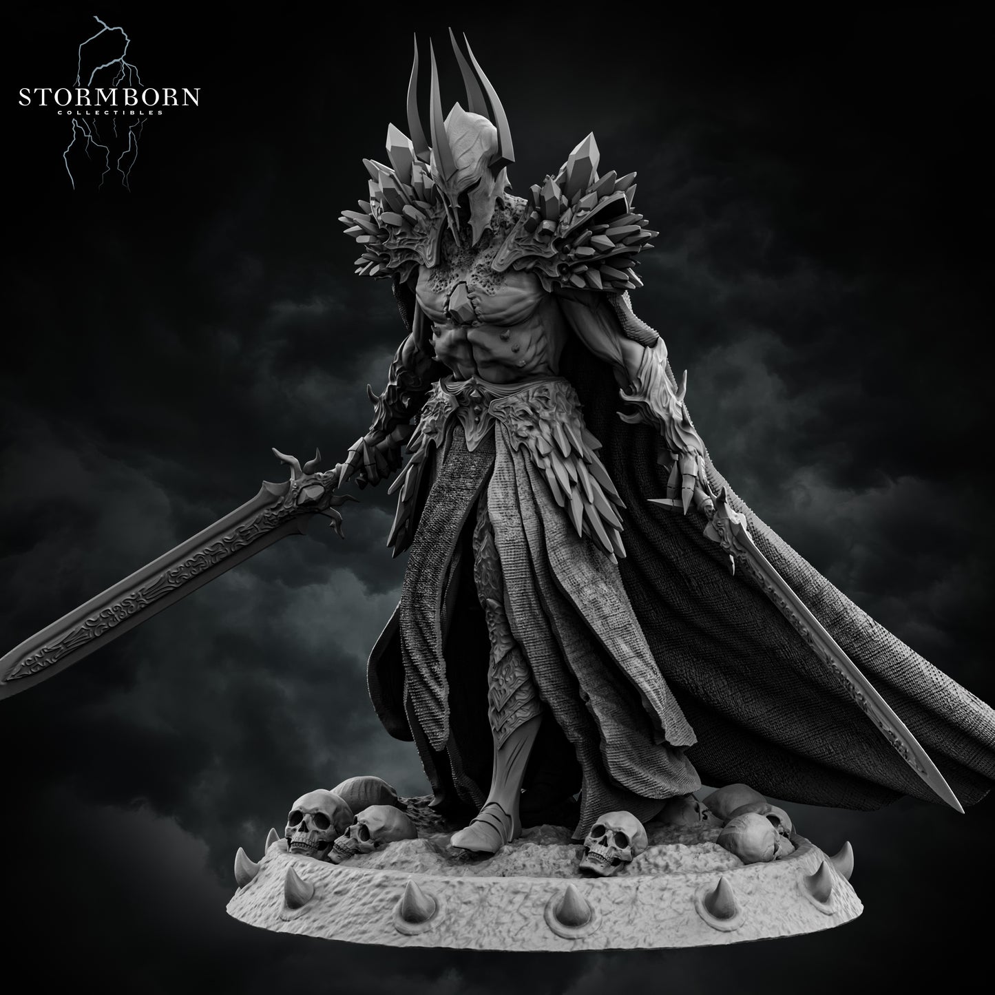 Malakar, Lord of the Death Realm resin miniature with dual swords, skull base, and spiked armor – 3D printed by D&K Custom Prints