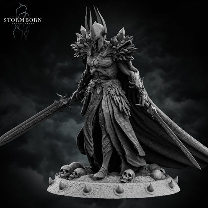 Malakar, Lord of the Death Realm resin miniature with dual swords, skull base, and spiked armor – 3D printed by D&K Custom Prints