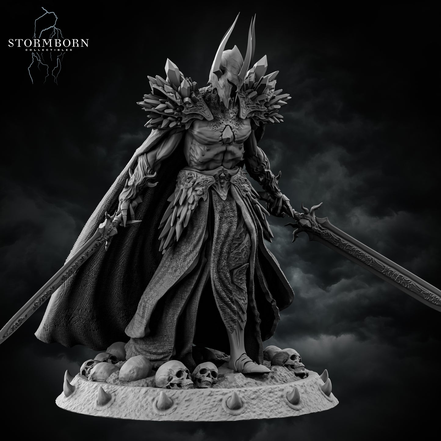 Malakar, Lord of the Death Realm resin miniature with dual swords, skull base, and spiked armor – 3D printed by D&K Custom Prints