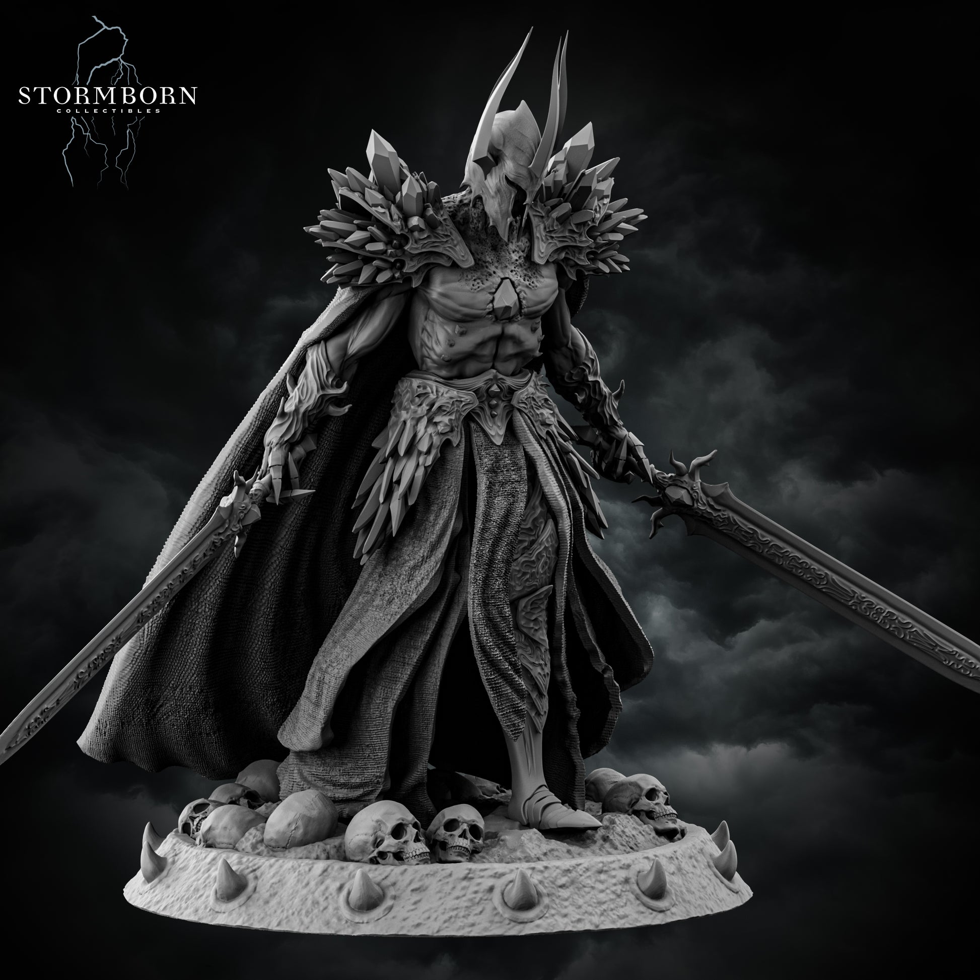 Malakar, Lord of the Death Realm resin miniature with dual swords, skull base, and spiked armor – 3D printed by D&K Custom Prints