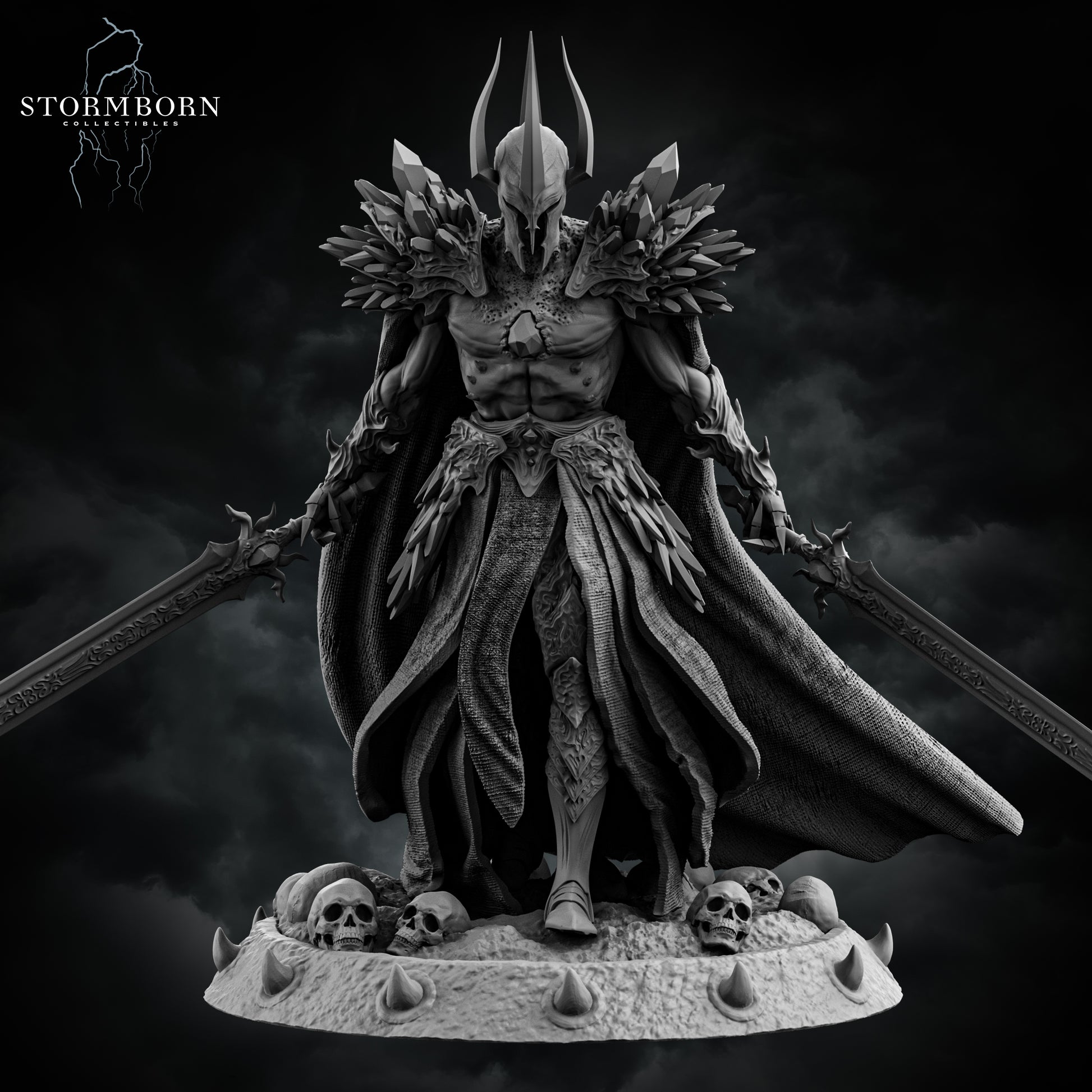 Malakar, Lord of the Death Realm resin miniature with dual swords, skull base, and spiked armor – 3D printed by D&K Custom Prints