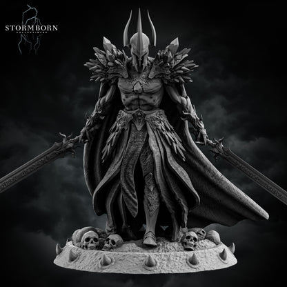 Malakar, Lord of the Death Realm resin miniature with dual swords, skull base, and spiked armor – 3D printed by D&K Custom Prints