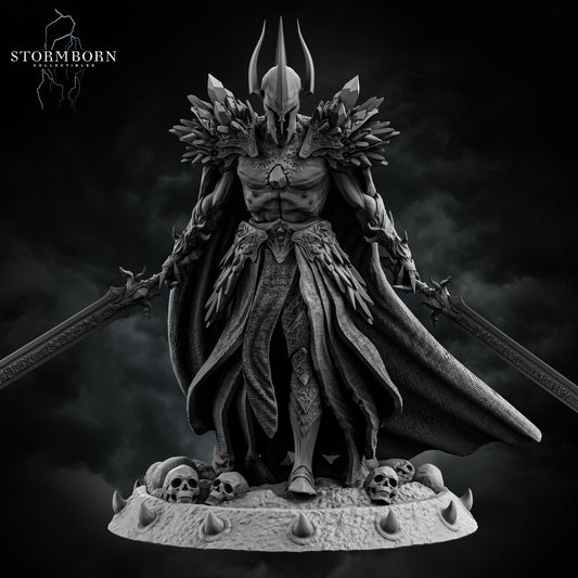 Malakar, Lord of the Death Realm resin miniature with dual swords, skull base, and spiked armor – 3D printed by D&K Custom Prints