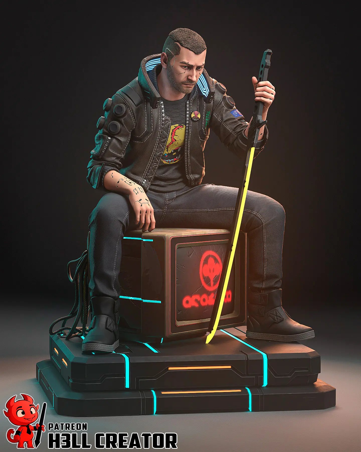 Male V Cyberpunk 2077 resin statue with glowing katana, Samurai jacket, and cyberpunk base – 3D printed display figure for collectors