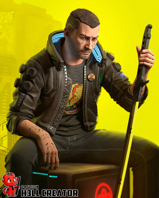 Digital render of Male V Cyberpunk 2077 resin statue with glowing katana, Samurai jacket, and cyberpunk base – 3D printed display figure for collectors