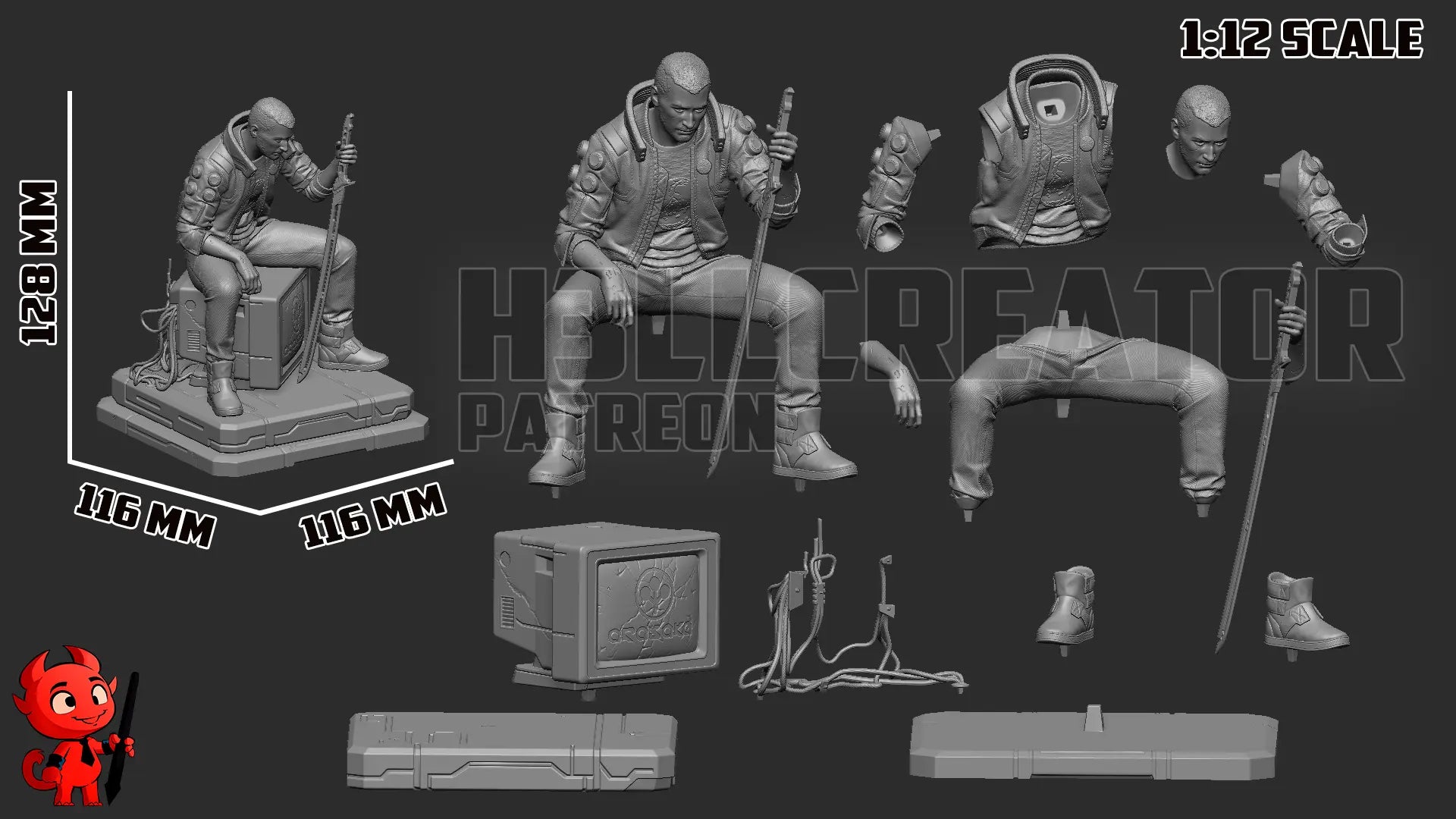 Exploded view with dimensions of this resin fan art Male V Cyberpunk 2077 resin statue