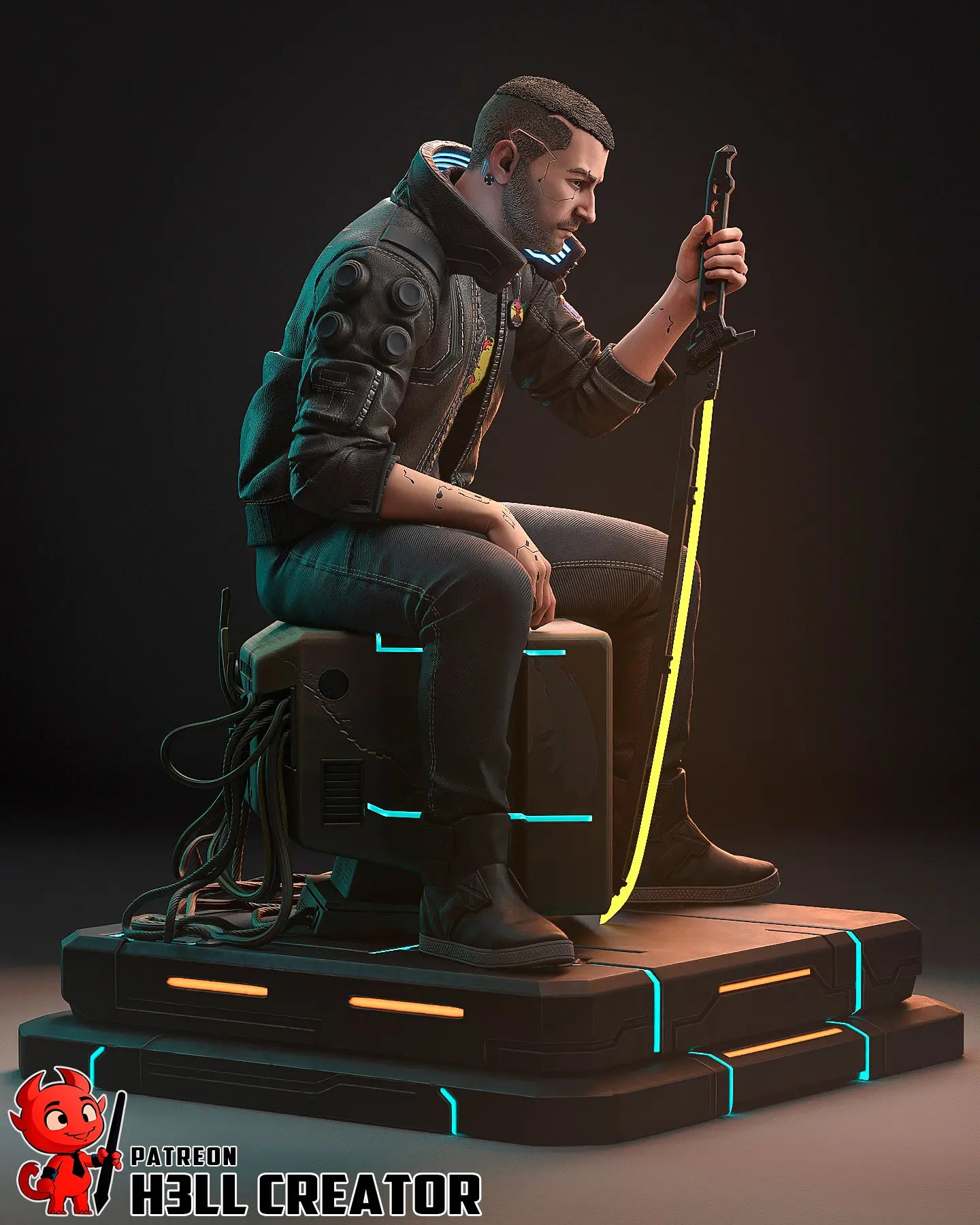 Male V Cyberpunk 2077 resin statue with glowing katana, Samurai jacket, and cyberpunk base – 3D printed display figure for collectors