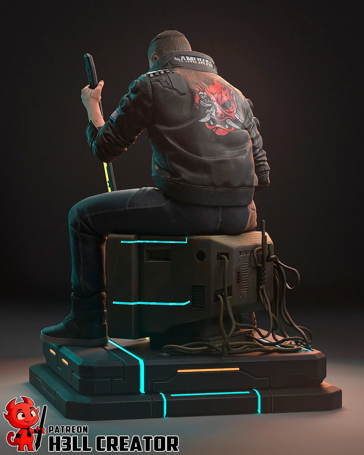 Male V Cyberpunk 2077 resin statue with glowing katana, Samurai jacket, and cyberpunk base – 3D printed display figure for collectors