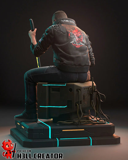 Male V Cyberpunk 2077 resin statue with glowing katana, Samurai jacket, and cyberpunk base – 3D printed display figure for collectors