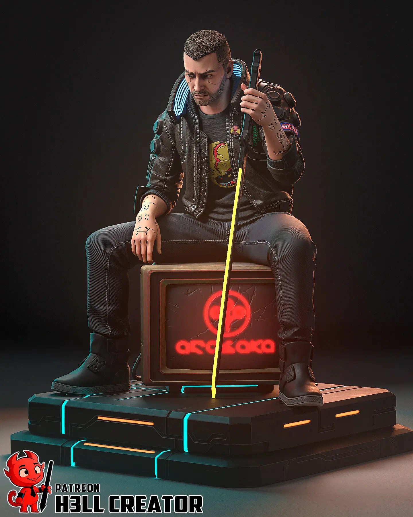 Male V Cyberpunk 2077 resin statue with glowing katana, Samurai jacket, and cyberpunk base – 3D printed display figure for collectors