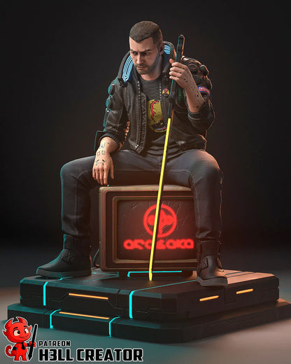 Male V Cyberpunk 2077 resin statue with glowing katana, Samurai jacket, and cyberpunk base – 3D printed display figure for collectors
